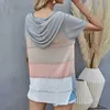 Zomer Dames Mesh Contrast Kleur Patchwork T-shirt Shirring Hooded Gebreide V-hals Dames Tee Shirt Casual Office Streetwear Tops 210608