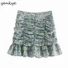 Vintage Print Folds Skirt Women Side Zipper High Waist Mini Jupe Femme Hem Ruffle Summer Satin 210430