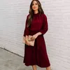 Kobiety Moda O-Neck Z Długim Rękawem Midi Dress 2022 Wiosna New Vintage Solid Lace Up Casual Biuro Party Dresses Femme Y1212