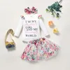 kids Clothing Sets girls Flowers outfits infant letter romper Flying sleeve Tops+Floral lace Net yarn skirts+Bow 3pcs/set Spring Autumn summer baby Clothes