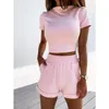 2-delat set Kvinnor Sommar Mode Fritid Sport Kostym Kortärmad O-hals Crop Top Hög midja Lösa shorts Jogger träningsoverall 210422