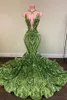 Shiny Green Seqined Lace Evening Dresses Arabic Aso Ebi Sheer Neck Applique Slim and Flare Prom Gowns Sweep Train Sexy Vintage See Through Formal Party Dress AL9367