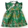 Зеленый пион цветочные детские одежды костюма платье + трусливые малыши Qipao китайский новогодний костюм детей Cheongsam детское подарок на день рождения 210413