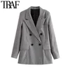 Femmes Mode Double Boutonnage Check Blazer Manteau Vintage Manches Longues Poches Femelle Survêtement Chic Tops 210507