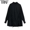 TRAF Women Chic Fashion With Drawstring Asymmetrical Mini Dress Vintage High Neck Long Sleeve Female Dresses Vestidos 210415