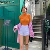 Koreaanse Turtleneck Pullover Skinny Orange T-shirt Lange mouw Plooide Ontwerp Knit Tees Lente Bodem Elastische Dames Top49149 210422