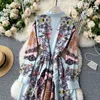 Kvinnor Bohemian Print Dress Höst Nedgång Krage Puff Sleeve En Linje Maxi Klänning Casual Vacation Dress Palace Style 210419