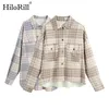 Femmes Plaid Blouse Tops Chauve-Souris À Manches Longues Poche Décontractée Chemise Femme Col Rabattu Lâche Bureau Porter Tunique Outwear 210508