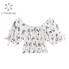 Slash Neck Crop Blouses Femmes Lace up Design À Manches Courtes Rétro Imprimé Floral Chemises Femme Élégant Élastique Romantique Drapé Tops 210417