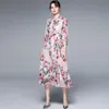 Fashionable Women's Dress Bow Neck Chiffon Printed Long Sleeve Elegant Summer Vacation Style Mid-length Skirt 210520