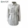 QoerliN Buttonup Lederjacke Sashe Long Basic Mantel Motor Biker Jacke mit Gürtel Samt Kunstleder PU Jacke Plus Size 210412