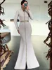 White Mermaid Moroccan Caftan Prom Dresses with Detachable Train 2022 Long Sleeve Muslim Arabic Dubai Evening Dress Robes