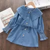 Girl's Dresses 2-7Y Girls Denim Blue Dress 2022 Fashion Baby Girl Casual Clothes Solid Color Korean Long Sleeve Costumes Belt Bow Clothing