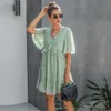 Kwiatowy Drukuj Boho Kobieta Dress Summer V Neck Butterfly Krótki Rękaw Waist Wzburzyć Patchwork Mini Beach Suknie Femme Vestidos 210507