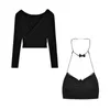 T-shirt Kvinnors V-hals smal svart långärmad inre bottenskjorta Höst och vinter Design Sense Short Tights 210529