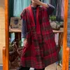 Johnature Femmes Vintage Coton d'hiver Rouge Plaid Plaid Longs Vestes Manteaux Style chinois Sans manches V-Cou Casual Big Poche Gilets 210521