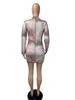 Tie Dye Galaxy imprimé automne femmes Mini à la mode col montant à manches longues Club robes de soirée Streetwear Slim Fit Skinny Vestidos 210525