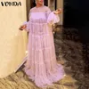 Bohemian Maxi длинное платье 2021 Vonda Sexy Robe Femme фонарь рукава длиной до пола вечеринка пляж праздник Vestido Y0823