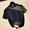 Shintimes Lace Tシャツの女性が中空アウト黒の縞模様の半袖Tシャツの女性服ニットサマートップスティーフェムミ210623