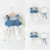 Sommer Neue Infant Kinder Baby Mädchen Denim Patchwork Hosenträger Prinzessin Tutu Kleid Mit Hut Nette Q0716