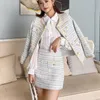 Autumn Winter Tweed Two Piece Outfits Set Fashion Woolen Jacket Coat + Elegant A-Line Skirt Suits Women 210514