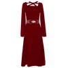 YOSIMI Long Dress for Women Red Square Collar Full Sleeve Fit and Flare Autumn Winter Embroidery Party Dresses 210604