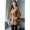 Women faux leather coat plus size slim korean long sleeve Plus velvet PU autumn winter fashion warmth jacket LR575 210531