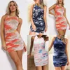 Sexy Package Hips Dresses Women Spring Summer Fashion Tie Dye Print O Neck Sleeveless Pleated Mini Plus Size Bodycon 210522
