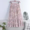 Summer Vintage Floral Print Pleated Women's Long Skirt Chiffon High Waist Loose Female Umbrella A-Line Skirts 210428