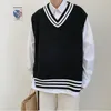 Men's Vests Men Sweater Striped Sleeveless V-neck Knitted Shrug Preppy Style Chic Leisure Loose Male Clothing Harajuku