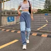 Streetwear patchwork joggingbroek vrouwen daling harajuku hoge taille y2k denim zweetbroek Capri lange rechte broek vrouw 210415