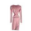 Singreiny design onregelmatige gebreide jurk vrouwen halster v-hals lange mouwen potlood jurk herfst winter warme bodycon trui jurk 210419