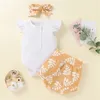 赤ちゃんの女の子の花の服セット夏の赤ちゃんの女の子のフリル半袖ロンパーストップス+太陽の花の印刷ショートパンツ+ヘッドバンド衣装32 Y2
