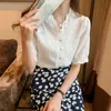 Summer Lace with Button Cardigan Tops Casual Puff Short Sleeve White V-Collar Chiffon Blouse Blusas Mujer De Moda 10051 210417