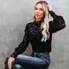 Mulheres preto laço blusa colete dois pedaços sets primavera turtleneck casual luva longa sexy oco out lace blouse tops conjuntos 210416