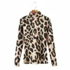 Sommer Frauen Neue Mode Sexy Leopard Hohl Zurück T-shirt Weibliche High Neck Und Langen Ärmeln Chic Top Y0621