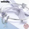 100% 925 Sterling Silver The Key to Heart Silicon Safety Chain Charm Fit Wostu Original Beads Bracelet Jewelry CQC606