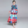 Höst Mode Designer Holidays Maxi Kvinnor Ärm Hög midja Vintage Färg Block Plaid Long Pleated Dress 210416