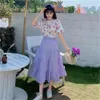 Doce Verão 2 Pcs Set Mulheres Vintage Floral Impressão Slow Sleeves Solta T-shirt + Roxo Cintura Alta Longa Saia Plissada Kawaii Terno 210421