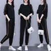 I lager Slim Black Hoodie Set Plus Size Stripe Side Casual Two Piece Zipper Long Hooded Sweatshirt + Pant 210930