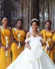 아프리카 나이지리아 인어 신부 들러리 드레스 2021 노란 골드 한 어깨 야외 해변 하녀 명예 웨딩 게스트 파티 드레스