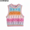 Kvinnor Färg Matchande Hollow Out Crochet Short Stickning Sweater Lady Ärmlös Casual Slim Vest Crop Pullovers Toppar 210520