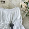 YuooMuoo début automne robe 2020 rétro gothique femmes blanc noir pansement Mini robe Sexy épaules nues manches bouffantes coréen Vestidos X0629