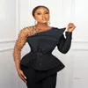 Aso Ebi Black Mermaid Formal Evening Dresses Pearls Crystals Beaded Long Sleeves Plus Size Fashion Party Ladies Prom Gowns Pageant254S