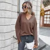 T-shirt autunno inverno donna casual allentato solido scollo a V manica lunga tasche Decor maglietta lavorata a maglia moda donna pullover top 210522