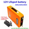 Batteria al litio portatile lifepo4 12V 50Ah 60Ah 80Ah 12V con BMS per camper da campeggio RV accumulo solare + caricabatterie 10A