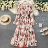 Lady Fashion Autumn Dress Women Femininity V Collar Long Flared Sleeve Floral Print Elegant Vestidos P624 210527