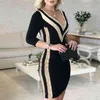 Bodycon Seksi Derin V Parti Elbise Kadın Altın Sequins Kadınlar Için 3/4 Kollu Mini Elbiseler Sonbahar D30 210331