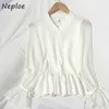 Neploe Scollo a V lavorato a maglia Patchwork con coulisse Maglioni da donna in chiffon Pullover tutto-fiammifero Cappotto con maniche svasate dolce stile coreano 210423