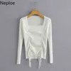 Neploe Womens Tröjor Vintage Square Collar Stickad Pullover Tröjor Spring Slim Drawstring High Street Långärmad Chic Toppar 210422